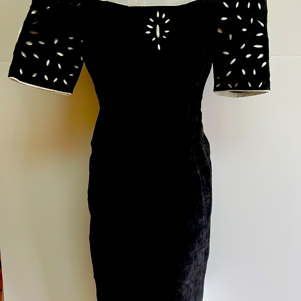 Vintage 1980’s Black Suede Cocktail Dress Trimmed in White Leather